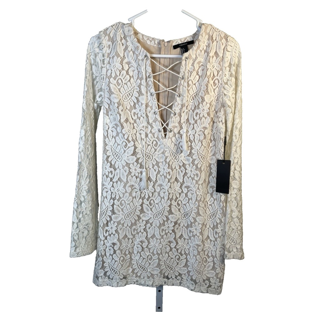 NEW Forever 21 Dress Small White Lace Up Long Sleeve Romantic Cottagecore Floral